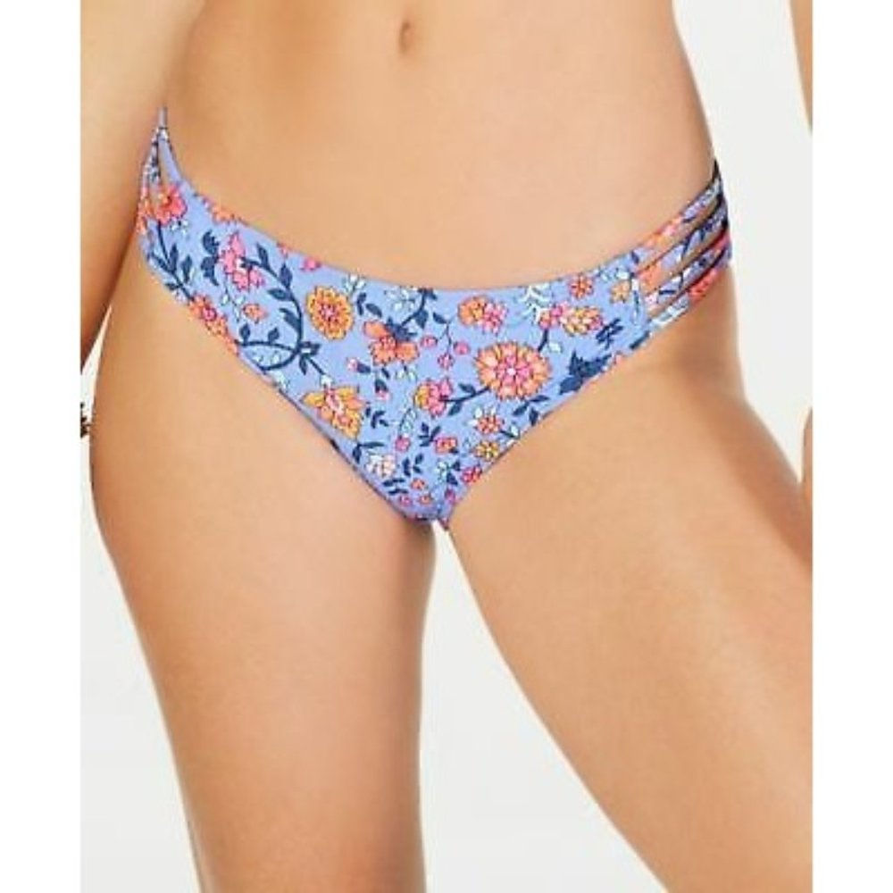 CALIFORNIA WAVES - Junior's Strappy Bikini Bottom, Light Blue‎ Floral, XL, NWT